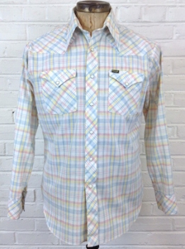 (L) Mens Vintage Western Shirt! Blue, Pink, Yellow & White Pastel Plaid! As Is!