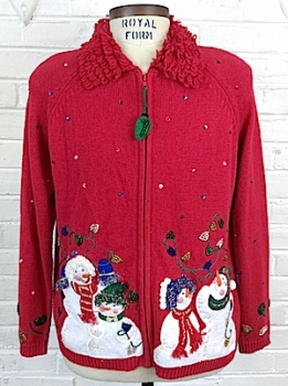 (mens L) Ugly Christmas Sweater Cardigan! Snowmen and Christmas Lights!  Beads!