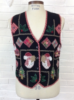 (Mens S) Ugly Xmas Sweater Vest!  Plaid Patchwork Santas, Snowmen, Trees!