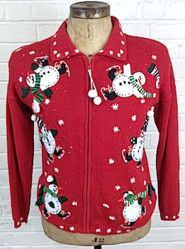 (mens Roomy M) snowmen on ice skates! "snowball" tassle pulls on the zipper. Christmas Cardigan!