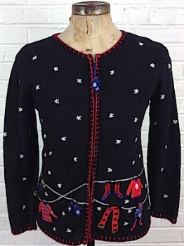 (mens M) Ugly Tacky Xmas Cardigan Snow and unfinished laundry out to Dry