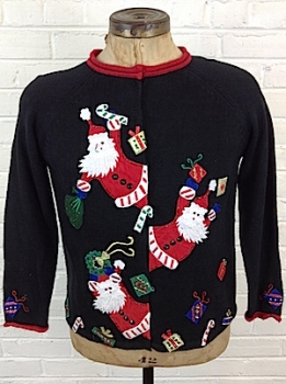 (mens Roomy M) silly Santa's poppin' outta yo' chest! Ugly Xmas Cardigan