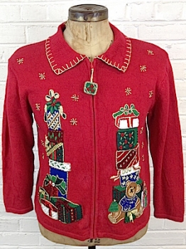 (mens S) Ugly Xmas Cardigan. Happy Teddy Bear & Glittery BEADED Gift Towers