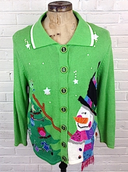 (mens L) Ugly Xmas Sweater! Crazy Snowman w/ a Hat Full of Ornaments Decorates Tree!