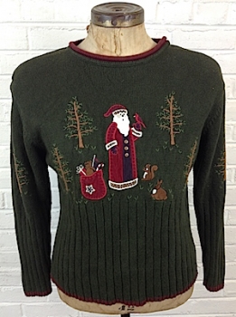 (mens M) Ugly Xmas Sweater, Santa in a Quaint Forest Scene Talkin to a Bird