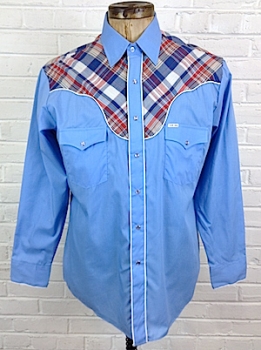 (XL) Men's Vintage Western Shirt! Blue w/ Plaid Yokes & Pipping!