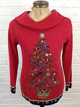 (mens M) beaded & jewels Xmas Tree Sweater. floppy cowl neck.