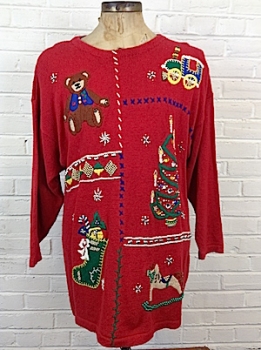 (mens roomy XL) Ugly Xmas Sweater w/ Lotsa Beads, Teddy Bear, Xmas Tree, Chu-Chu Train!!