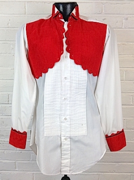 (XS) Mens 1970's Pleated Western Tuxedo Shirt! White w/ Red Suede Yoke & Cuffs! As Is!