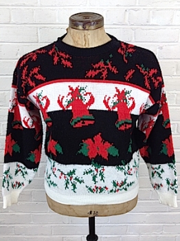 (mens Snug L) Ugly Xmas Sweater! Super Soft Black & White Stripes W/ Bells & Poinsettias!