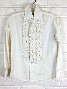 (34" Chest) Kid's 1970's Ruffled Tuxedo Shirt! White w/ 3 Rows of Ruffles!