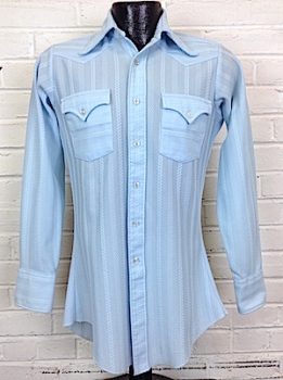 (XXS) Men's Vintage 70s HBarC Western Shirt! Light Blue w/ Textured Zig Zags!