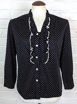 (M) Women's Vintage 80's Blouse. Black & White Polka Dot Blouse w/ Lace Trim. As-Is