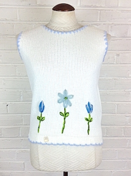 (XS) Women's Vintage 60's Sweater Vest! Blue Flowers & Trim! Unworn