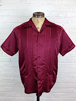 (XL) Mens Vintage Guayabera Shirt! Shiny Cranberry Red Satin!