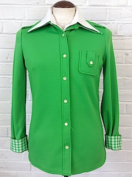 (XS) Womens Vintage 70's Leisure Jacket! Bright Green W/ White & Green Gingham.