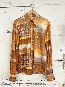 (L) Mens Vintage 70s Disco Shirt. Butterscotch, Off-White & Grey Trippy Bird Print!
