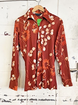(M) Mens Vintage 70s Disco Shirt. Burnt Sienna & Dark Orange Floral!