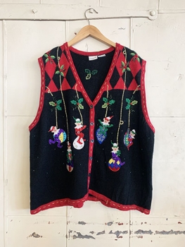 (Mens 2XL-3XL) Ugly Xmas Sweater Vest. Black & Red Argyle w/ Elves Swinging From Ornaments.