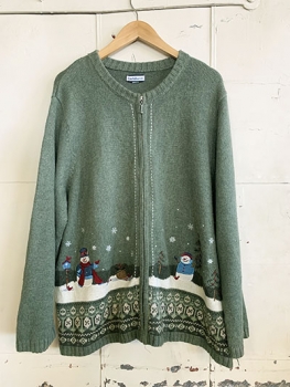 (Mens L) Ugly Xmas Sweater Cardigan. Snowmen, Snow kid, Cardinals & Trees!