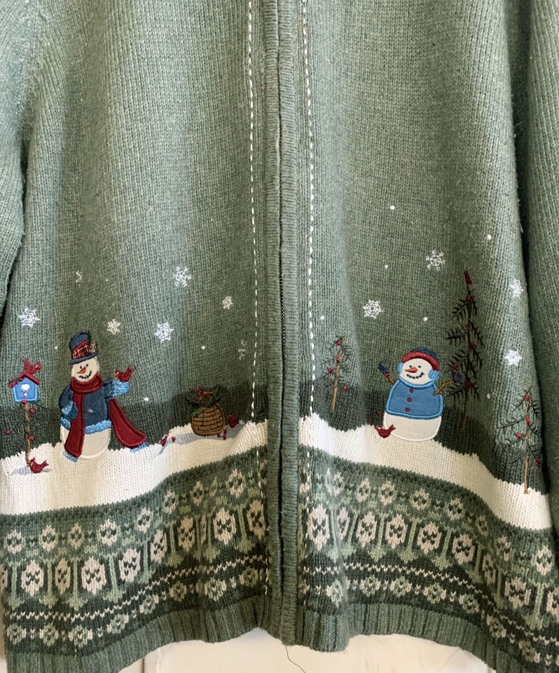 (Mens L) Ugly Xmas Sweater Cardigan. Snowmen, Snow kid, Cardinals & Trees!