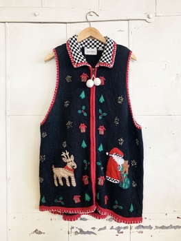 (Mens S) Ugly Xmas Sweater Vest. Black w/ Checkered Collar, Santa, Reindeer & Pom-Pom Zipper Pull!