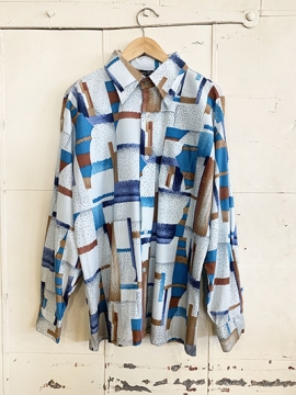 (XL) Mens Vintage 70s Disco Shirt. Shades of Blue w/Tan. Trippy Brush Stroke & Dot Design!