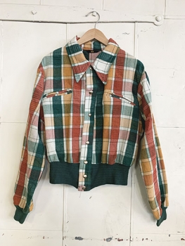 (M) Men's Vintage 70s  Cropped Sport Jacket. Off-White, Green, Yellow & Rust Plaid!