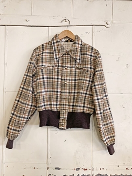 (M) Mens Vintage 70s Cropped Sport Jacket. Off-White, Tan, Brown & Black Plaid. Disco Dagger Collar