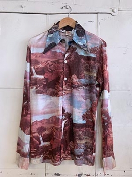 (L) Mens Vintage 70s Disco Shirt. Groovy Mountains, Stram & Clous Photo Print Shirt. Rare!