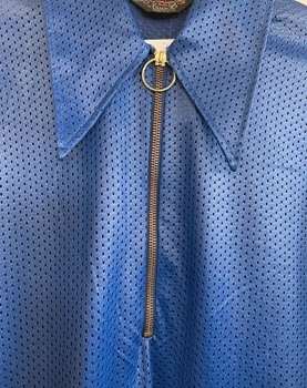 (XS/S) Mens Vintage 70s Mesh Disco shirt. Blue w/ Gold Hoop Ring Zippers. Never Worn!