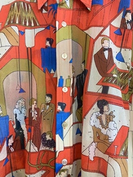 (XS/S) Mens Vintage 70s Dagger Collar DIsco Shirt. Red, Blue & Tan. Backgammon Social Club Scene!