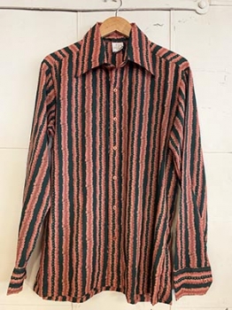 (L) Mens Vintage 70s Disco Shirt. Olive Green, Blue & Sienna Trippy Stripped. Never Worn.