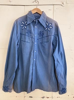(L) Mens Vintage 70s Dagger Collar Disco Shirt w/Embroidered Flowers