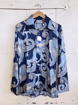 (L) Mens Vintage 1970s Disco Shirt. Navy Blue w/ Grey,Tan & Sand Paisleys! Never Worn.