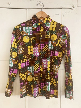 (Boys XL/Mens XS)  Vintage 70s DIsco Shirt. Brown, Pink, Green & Yellow Psychedelic Print!