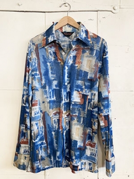 (M/L) Mens Vintage 70s Dagger Collar Disco Shirt. Blue, Tan & Rust Abstract Design!