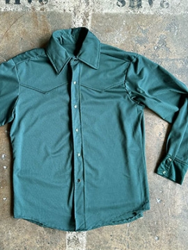 (L) Mens Vintage 70s Western Disco Shirt. Forest Green Striped w/ Pearl Snaps!