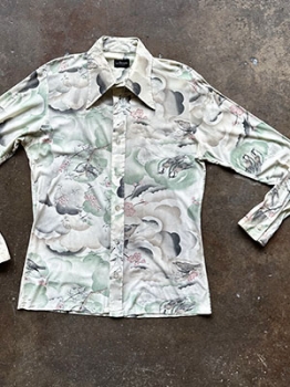 (M) Mens Vintage 70s Disco Shirt. Off-White,Green,Pink & Brown w/ Birds and Flowers!