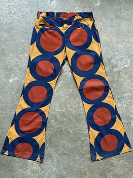 (35x32) Mens Vintage 70s Bell Bottom Pants. Navy Blue,Yellow & Rust Funky Circle