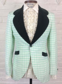 (40 Tall) Men's Vintage 70s Tuxedo Jacket. Mint Green & White Checkered w/ Green VELVET lapels!