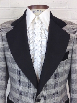 (39) Mens 1970s Tuxedo Jacket. Black & White Shimmer Plaid w/ Velvet Collar & Satin Lapels. As-Is.