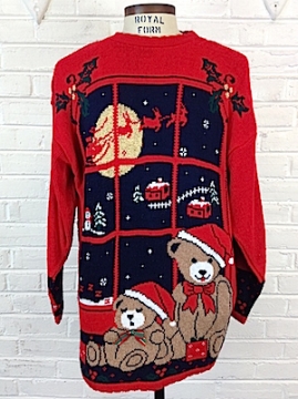 (Mens Roomy M) Cuddly Teddy Bears on a Cuddly Xmas Sweater! Santa Flying By..