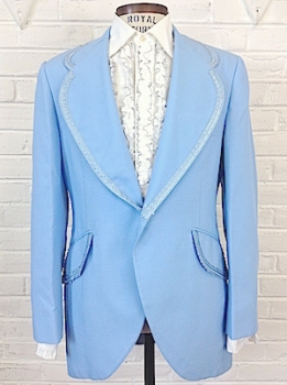 (41, Tall) Men's Vintage 1970's Tuxedo Jacket. Light Blue w/ Fancy Light Blue Trim!