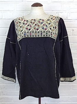 (L/XL) Unisex Vintage 60s/70s Hippie Shirt. Black w/ Off-white, Green, Pink & Purple Embroidery