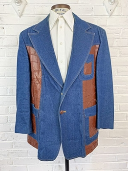 (43) Men's Vintage 70s Disco Denim Blazer w/ Leather Patchwork! Western Retro Pimp Vibe.