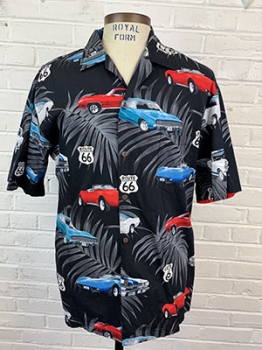 (XL) Mens Vintage Hawaiian Shirt! Route 66 & Classic Muscle Cars.