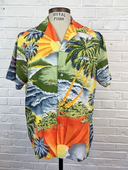 (XL) Men's Vintage 70s Hawaiian Shirt. Tropical Paradise Sunrise Scene! Rai Nani.