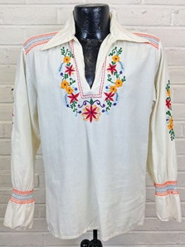 (M) Men's Vintage 60s Hippie Festival Shirt! Off-White w/ Embroidered flowers & long cuffs As-Is.