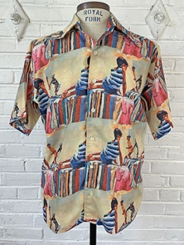 (XL) Mens Vintage 70s Disco Shirt! Sandy Tan w/ Beach Scene Like Renoir painting.